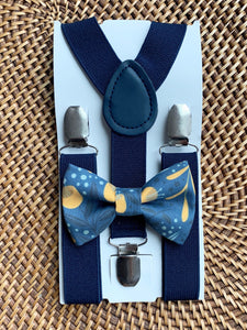 Navy & Gold Floral Bow Tie & Navy Suspenders Set