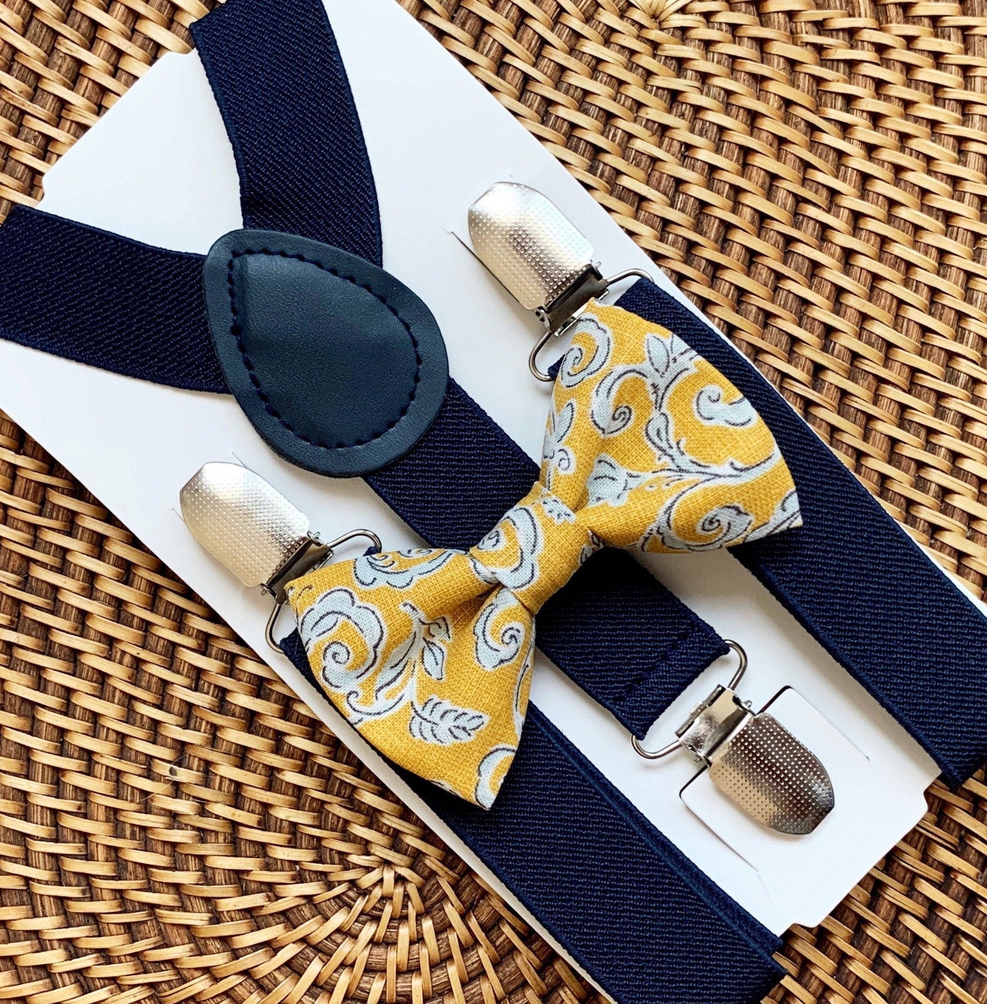 Gold Paisley Bow Tie & Navy Suspenders Set