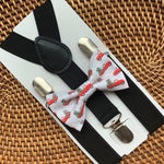 Load image into Gallery viewer, Grey Christmas Tree Cars Bow Tie &amp; Black Suspenders Set
