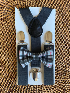 Grey Plaid Bow Tie & Dark Grey Suspenders Set