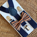 Load image into Gallery viewer, Orange &amp; Black Diamond Bow Tie &amp; Navy Suspenders Set
