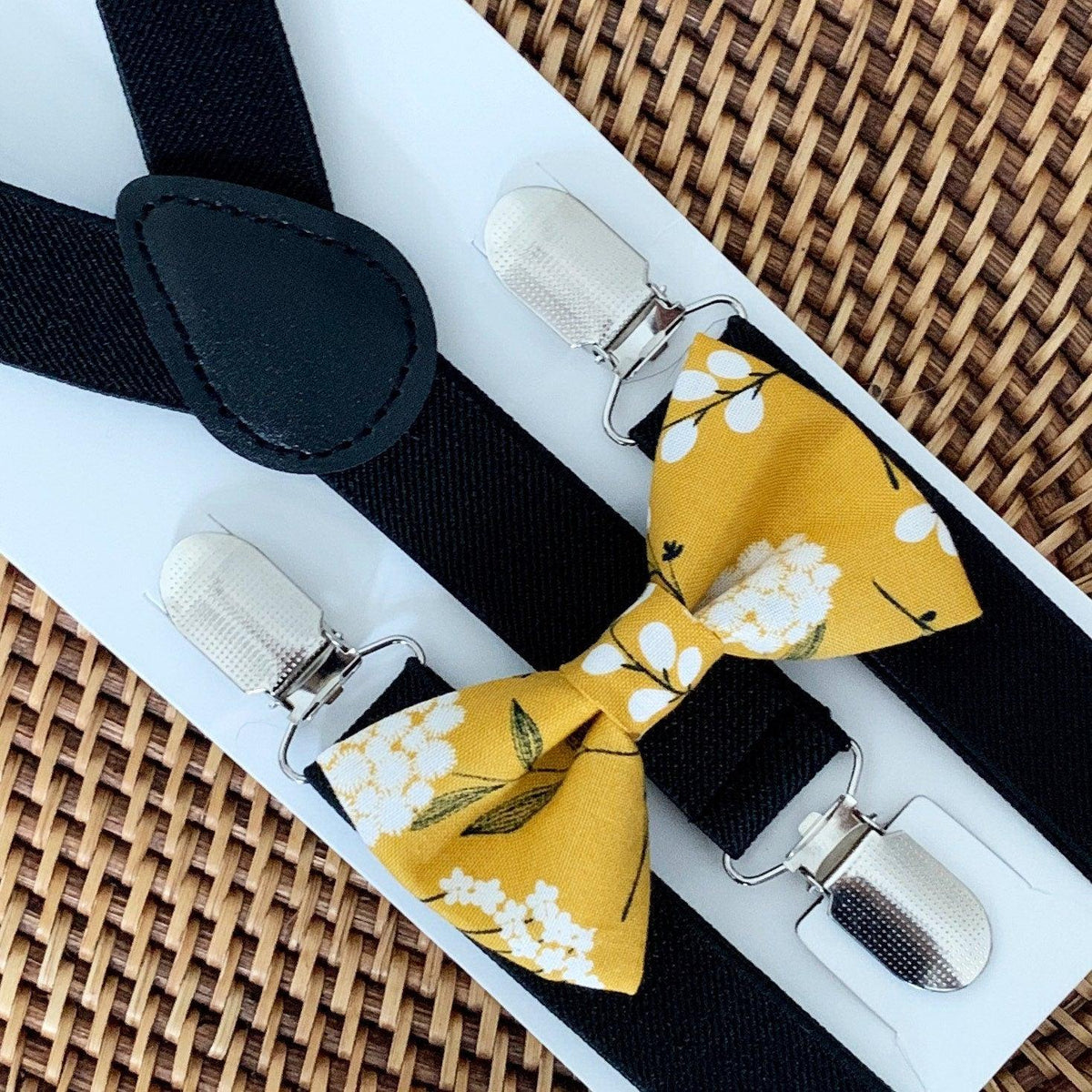 Mustard Floral Bow Tie & Black Suspenders Set The Bold Bow Tie
