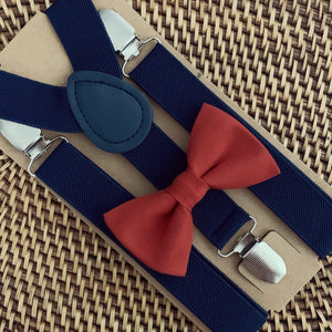 Burnt Orange Bow Tie & Navy Suspenders Set
