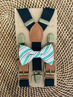 Load image into Gallery viewer, Christmas Candy-Striped Bow tie &amp; Black Buckle Suspenders Set

