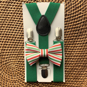 Red White & Green Holiday Striped Bow Tie & Green Suspenders Set