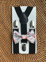 Load image into Gallery viewer, Blush Pink &amp; Slate Floral Bow Tie &amp; Black Suspenders Set
