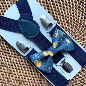 Navy & Gold Floral Bow Tie & Navy Suspenders Set