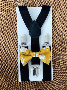 Mustard Floral Bow Tie & Black Suspenders Set