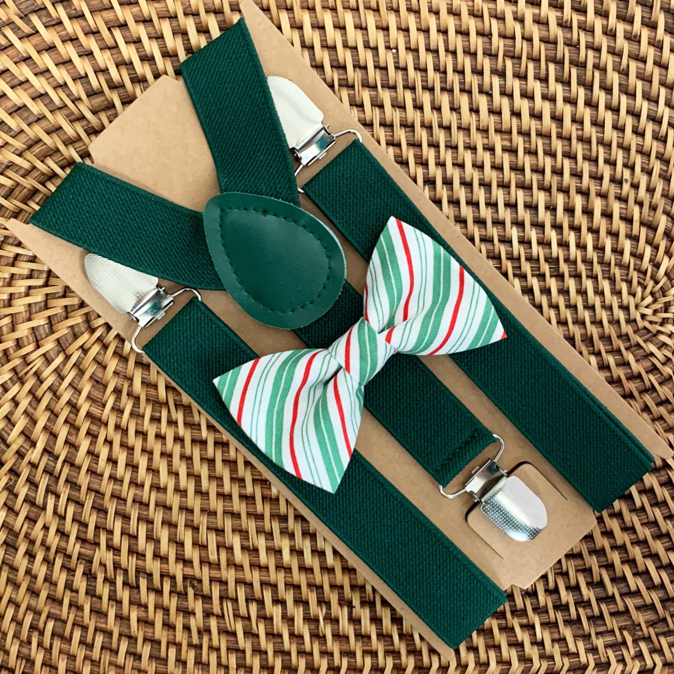 Christmas Candy-Striped Bow Tie & Juniper Green Suspenders Set