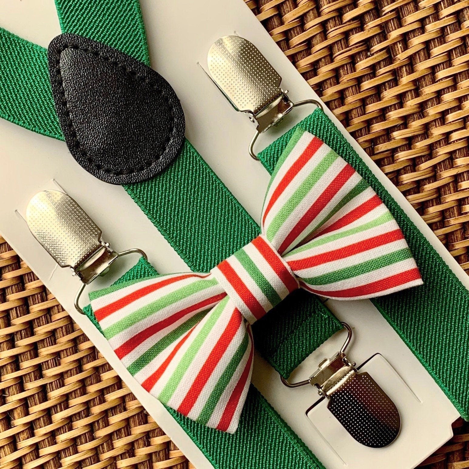 Red White & Green Holiday Striped Bow Tie & Green Suspenders Set