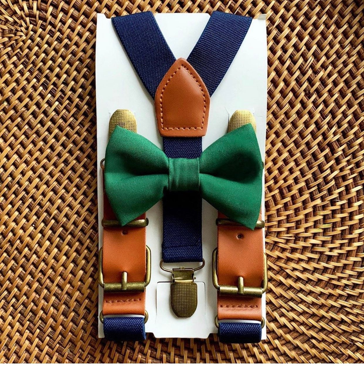 Juniper Green Bow Tie & Navy Buckle Suspenders Set
