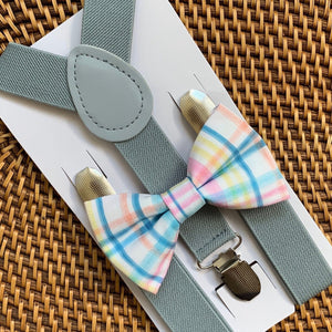 Pink & Blue Plaid Bow Tie & Light Gray Suspenders Set