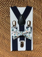 Load image into Gallery viewer, Eucalyptus &amp; Gold Floral Bow Tie &amp; Navy Suspenders Set
