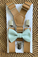 Load image into Gallery viewer, Sage Bow Tie &amp; Tan Vegan Leather Suspenders Set

