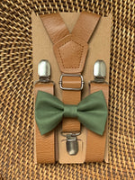 Load image into Gallery viewer, Olive Bow Tie &amp; Tan Vegan Leather Suspenders Set
