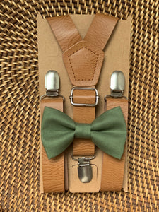 Olive Bow Tie & Tan Vegan Leather Suspenders Set