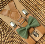 Load image into Gallery viewer, Olive Bow Tie &amp; Tan Vegan Leather Suspenders Set
