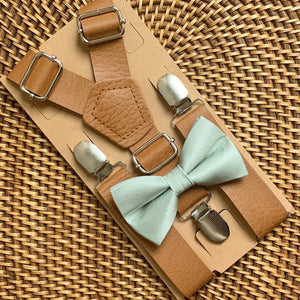 Satin Sage Bow Tie & Tan Vegan Leather Suspenders Set