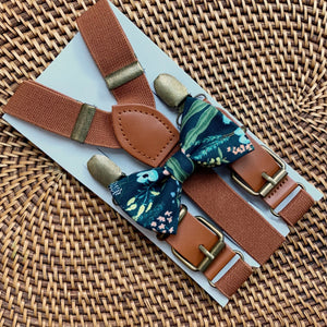 Rifle Paper Co. by Amalfi Herb Garden Navy bow tie and brown suspenders for groomsmen wedding outfit.