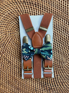Rifle Paper Co. by Amalfi Herb Garden Navy floral bow tie and cognac brown suspenders with brass clips for wedding.