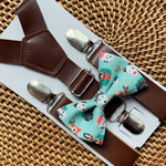 Load image into Gallery viewer, Christmas Dogs Bow Tie &amp; Vegan Dark Brown Leather Suspenders Set
