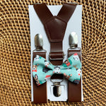 Load image into Gallery viewer, Christmas Dogs Bow Tie &amp; Vegan Dark Brown Leather Suspenders Set
