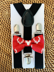 Red Reindeer Bow Tie & Black Suspenders Set