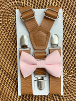 Load image into Gallery viewer, Blush Pink Bow Tie &amp; Tan Vegan Leather Suspenders
