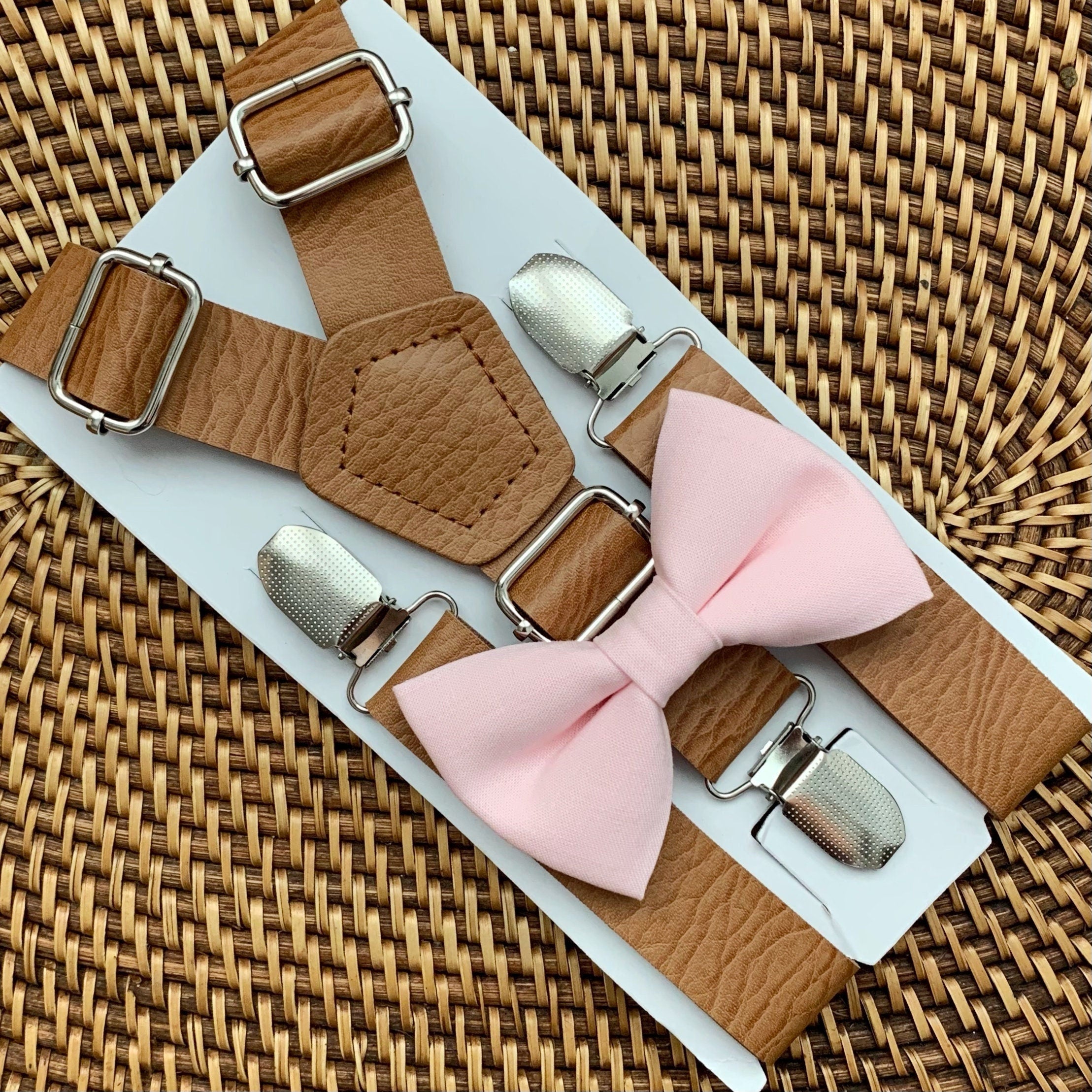 Blush Pink Bow Tie & Tan Vegan Leather Suspenders