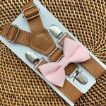 Load image into Gallery viewer, Blush Pink Bow Tie &amp; Tan Vegan Leather Suspenders
