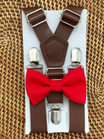 Load image into Gallery viewer, Red Bow Tie &amp; Dark Brown Vegan Leather Suspenders Set
