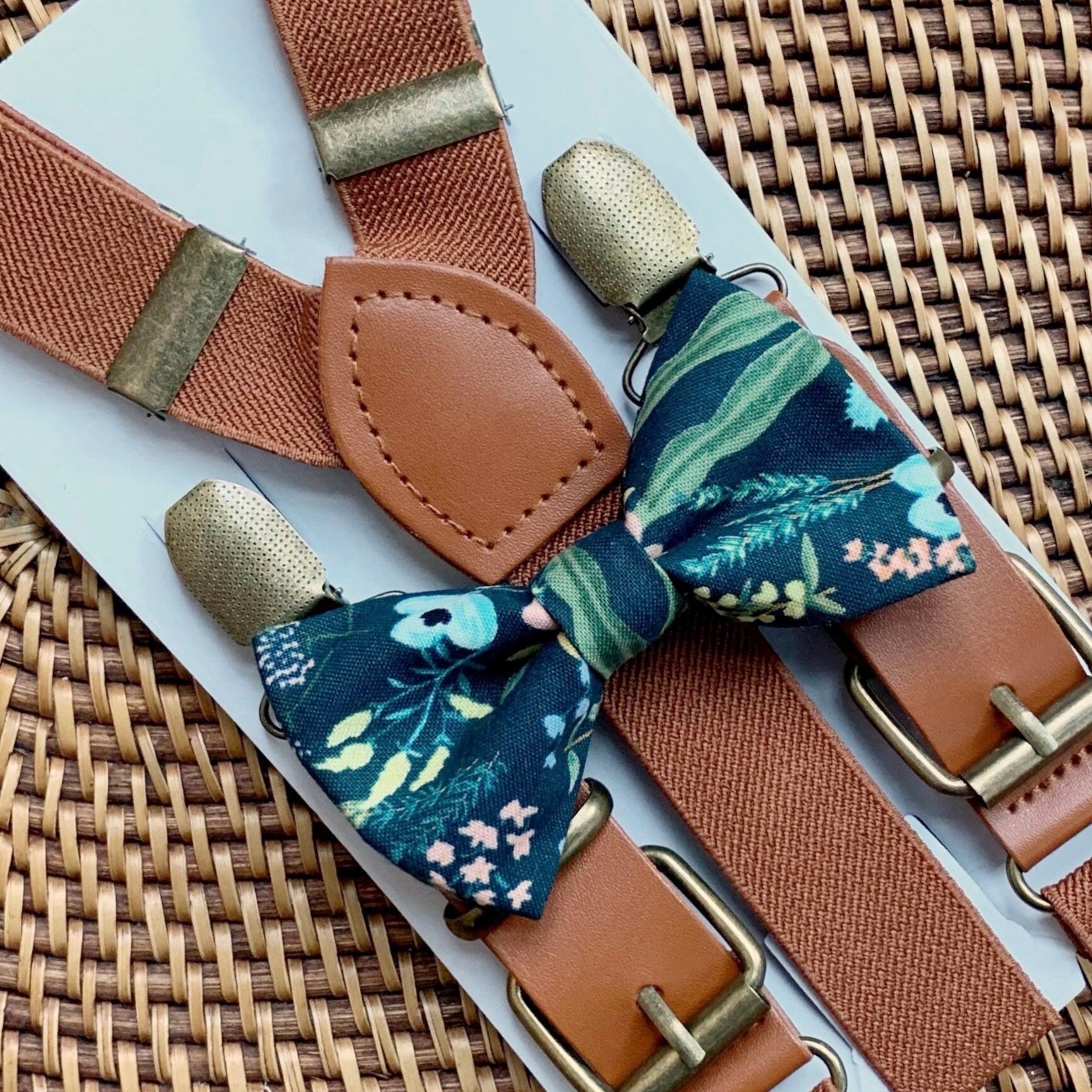 Rifle Paper Co. by Amalfi Herb Garden Navy bow tie and brown elastic buckles and brass clips for boho wedding, rustic wedding or ring bearer outfit.