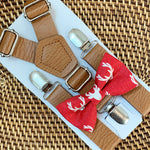 Load image into Gallery viewer, Red Reindeers Bow Tie &amp; Tan Vegan Leather Suspenders Set
