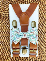 Load image into Gallery viewer, Whimsical Reindeer Bow Tie &amp; Cognac Buckle Suspenders Set
