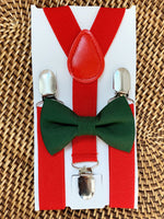 Load image into Gallery viewer, Juniper Green Bow Tie &amp; Red Suspenders Set
