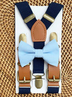 Load image into Gallery viewer, Sky Blue Bow Tie &amp; Navy Buckle Suspenders Set
