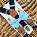 Load image into Gallery viewer, Sky Blue Bow Tie &amp; Navy Buckle Suspenders Set
