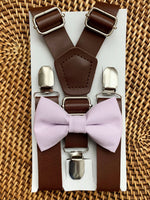 Load image into Gallery viewer, Iris Bow Tie &amp; Dark Brown Vegan Leather Suspenders Set
