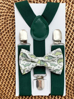Load image into Gallery viewer, Green Dinosaur Bow Tie &amp; Dark Green Suspenders Set
