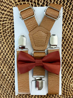 Load image into Gallery viewer, Cinnamon Satin Bow Tie &amp; Tan Vegan Leather Suspenders Set
