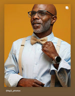 Load image into Gallery viewer, Burlap Bow Tie &amp; Tan Vegan Leather Suspenders Set
