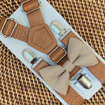 Load image into Gallery viewer, Taupe Bow Tie &amp; Tan Vegan Leather Suspenders Set
