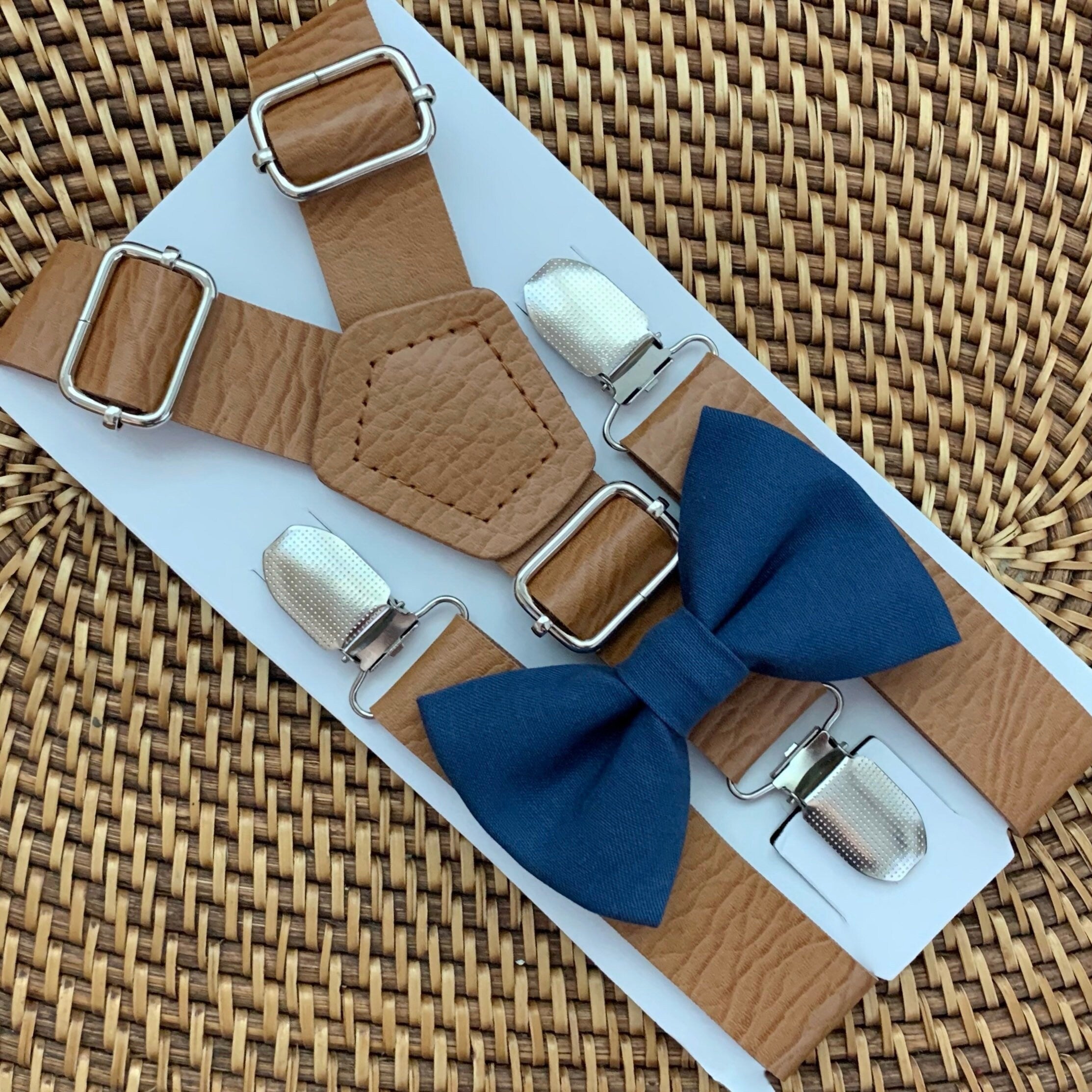 Slate Blue Bow Tie & Tan Vegan Leather Suspenders Set