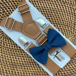 Load image into Gallery viewer, Slate Blue Bow Tie &amp; Tan Vegan Leather Suspenders Set
