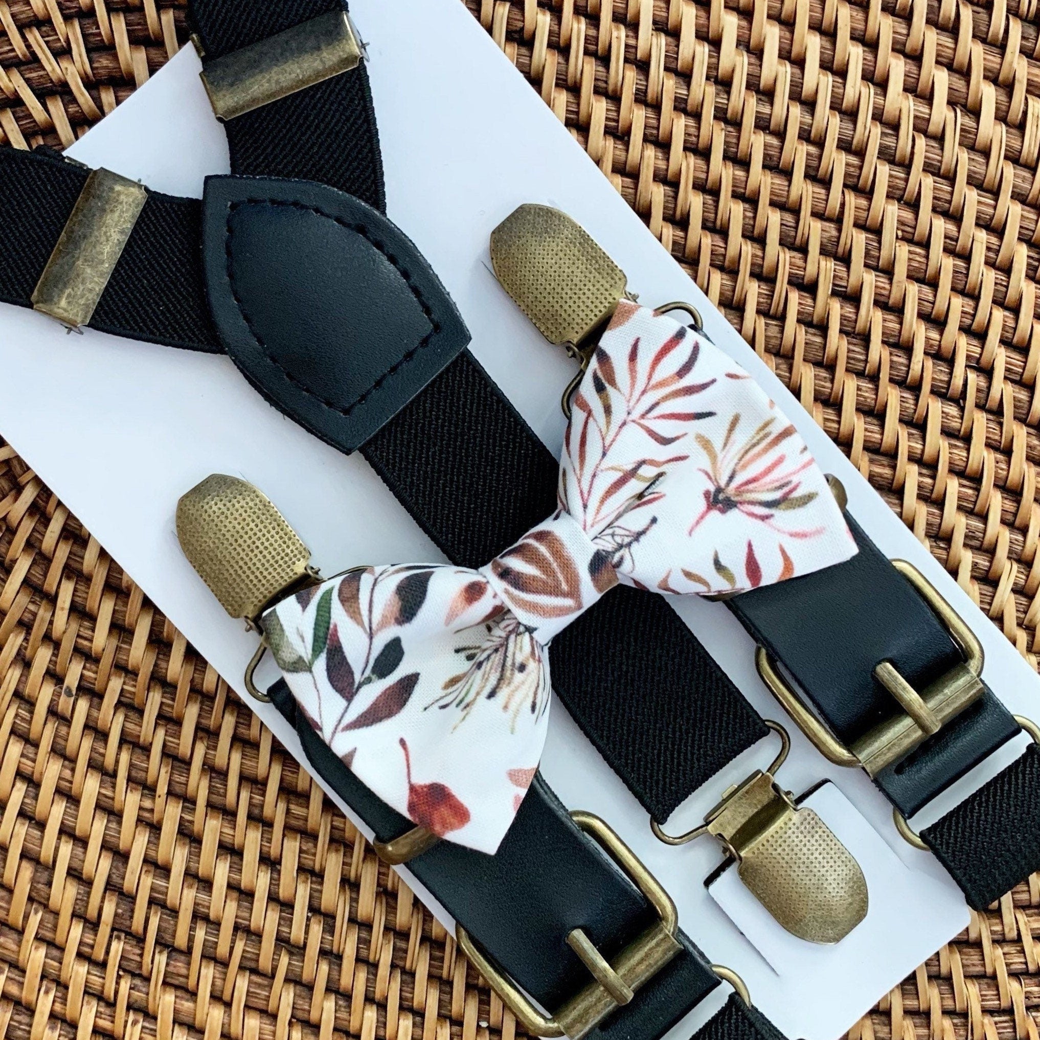 Terracotta Floral Bow Tie & Black Buckle Suspenders Set