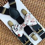 Load image into Gallery viewer, Terracotta Floral Bow Tie &amp; Black Buckle Suspenders Set
