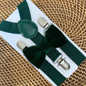 Dark Green Velvet Bow Tie & Dark Green Suspenders Set
