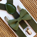 Load image into Gallery viewer, Olive Bow Tie &amp; Olive Suspenders Set
