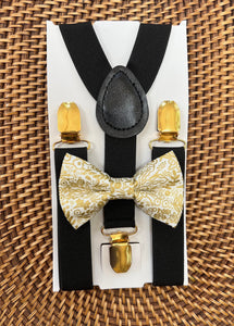 Gold Floral Bow Tie & Black & Gold Suspenders Set