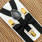 Load image into Gallery viewer, Black Bow Tie and Black &amp; Gold Suspenders Set
